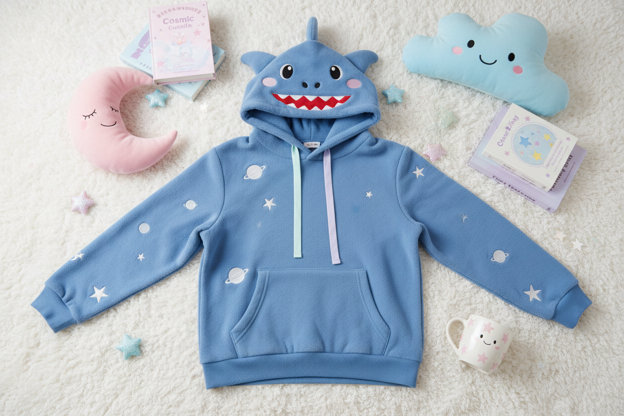 Cozy kawaii shark hoodie in blue for little space ABDL fashion
