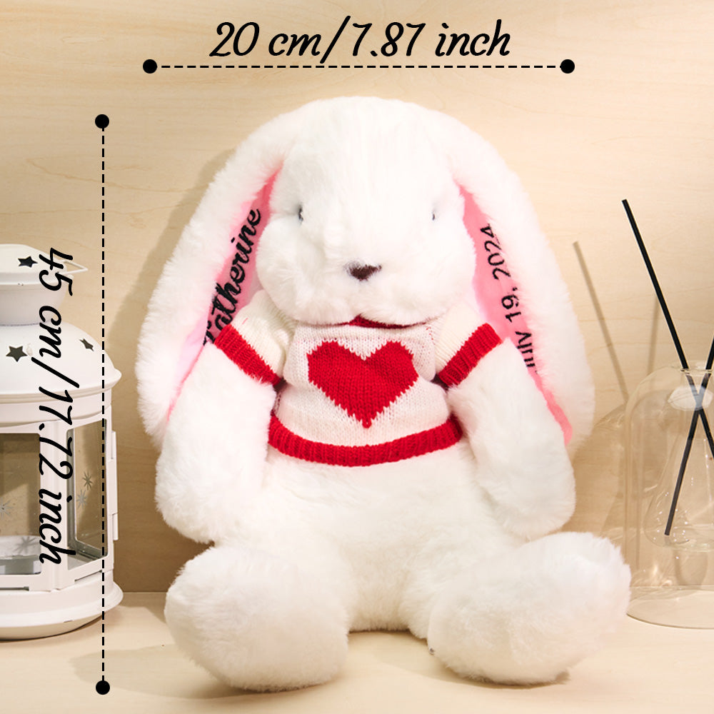 Personalized white bunny plush toy with red heart sweater, a custom gift for children