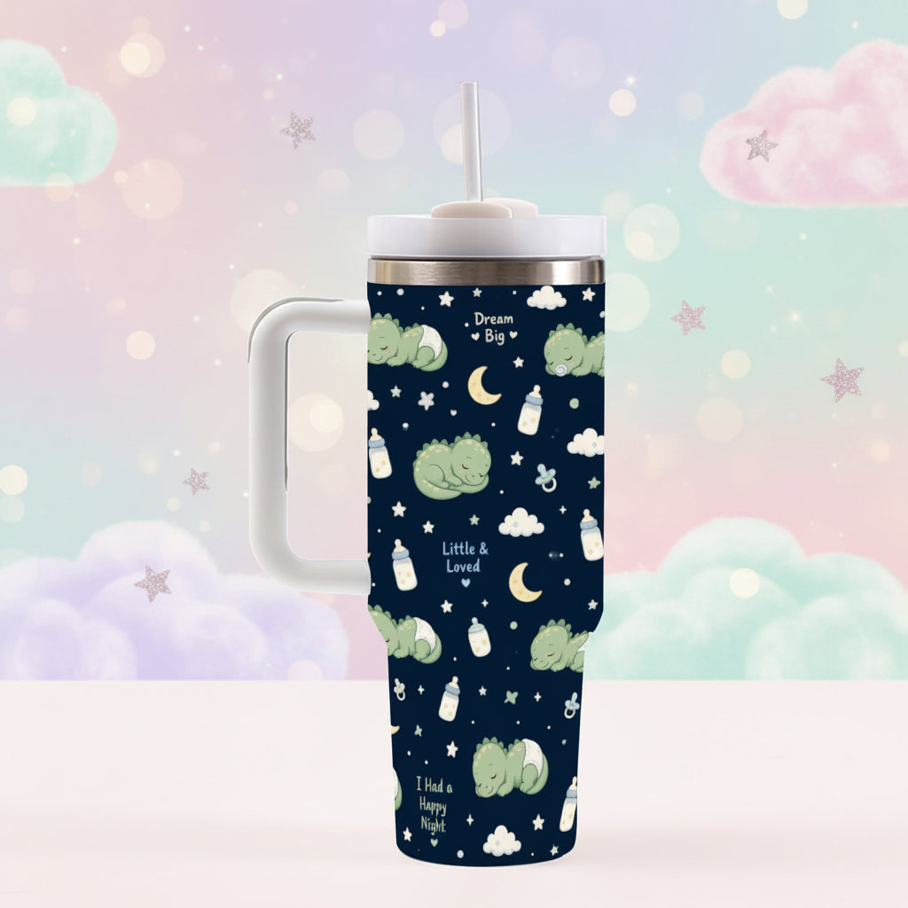 Sleepy Dino Tumbler — 40oz Insulated Cup with Handle