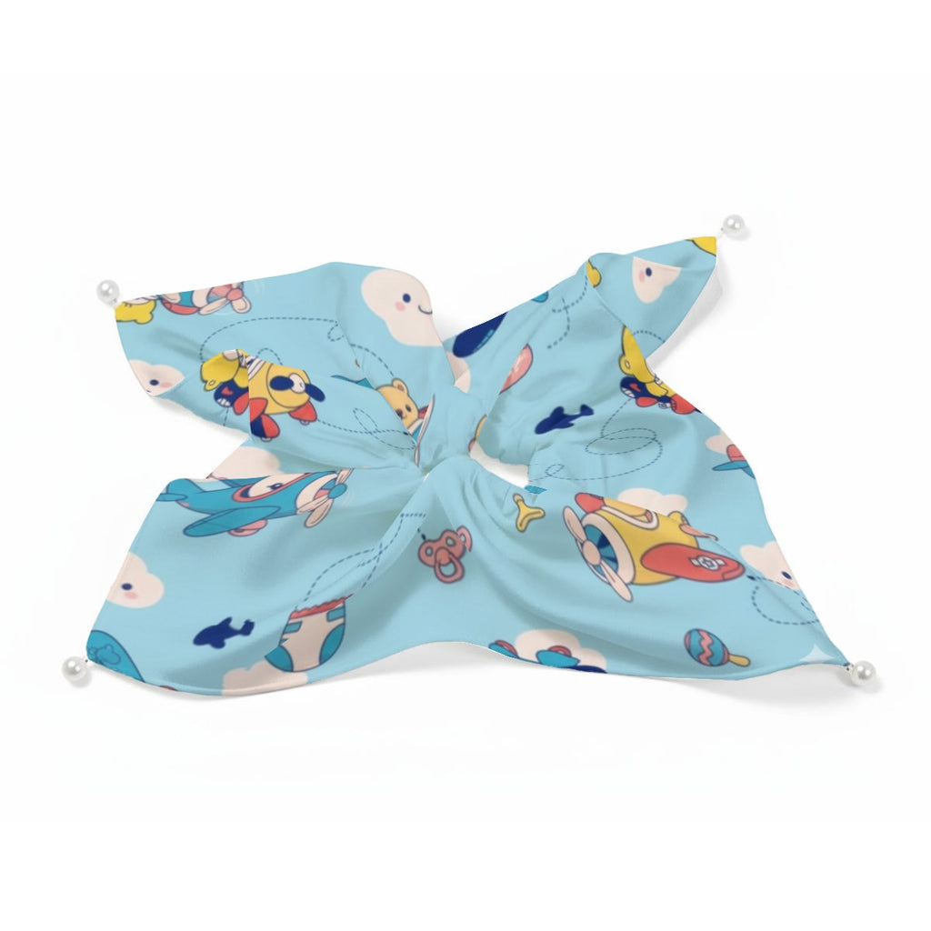 "Sky High Aviator Pups" Blue Satin Hair Scarf with Pearl Accents