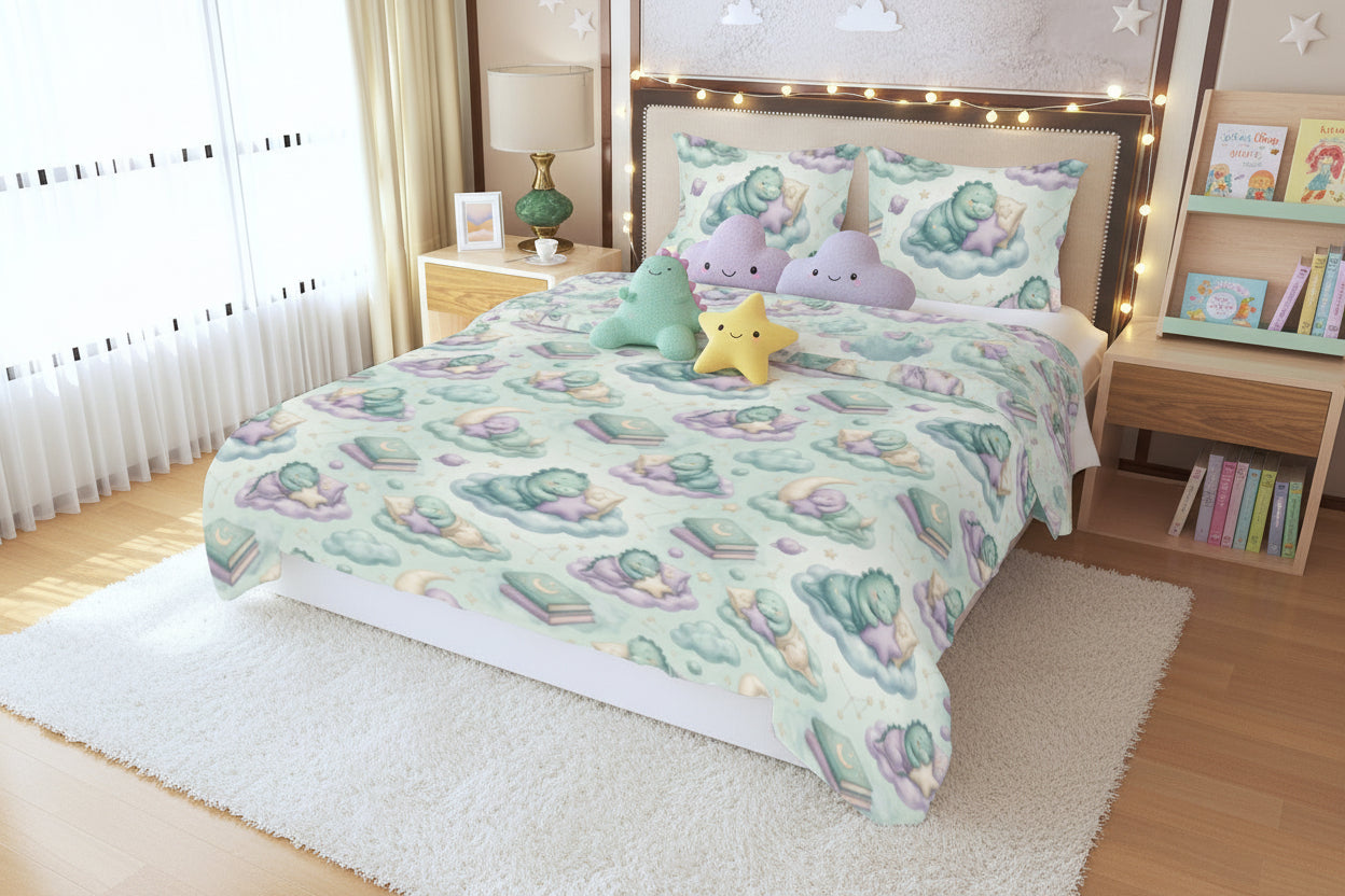 🦕 Sleepy Dino Duvet Cover Set — Kawaii Dinosaur Bedding for Little Space Bedrooms