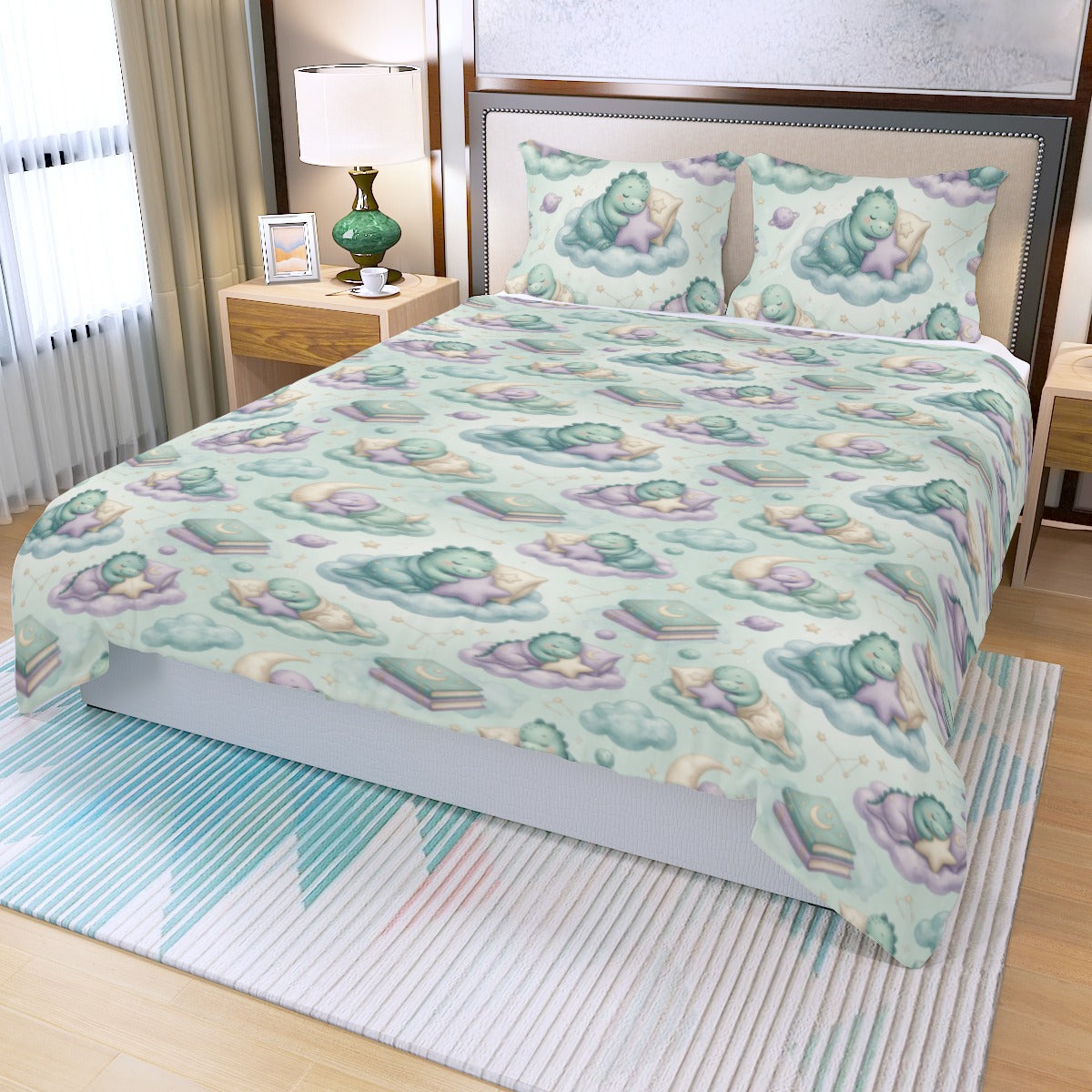🦕 Sleepy Dino Duvet Cover Set — Kawaii Dinosaur Bedding for Little Space Bedrooms