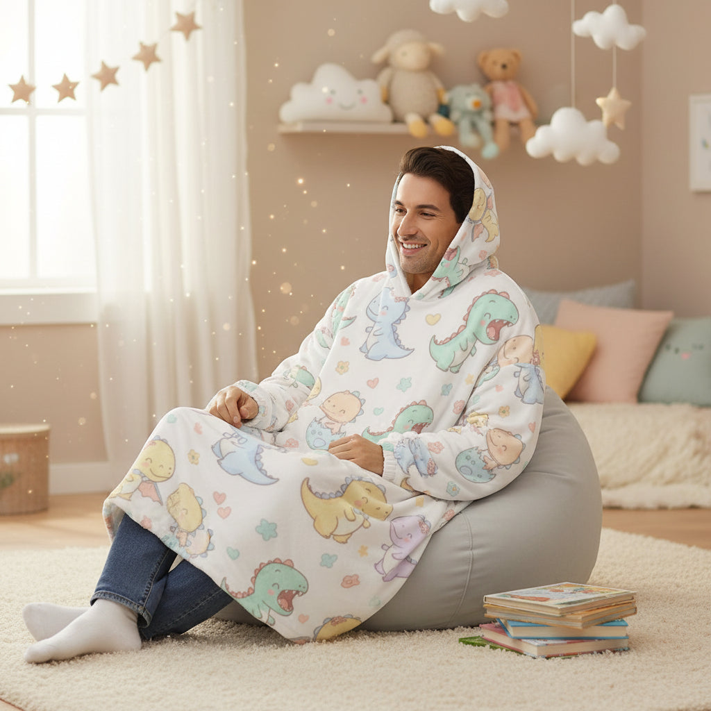 Dino Rawr Squad All-Over Print Sherpa Hoodie Blanket - ABDL Cozy Wrap