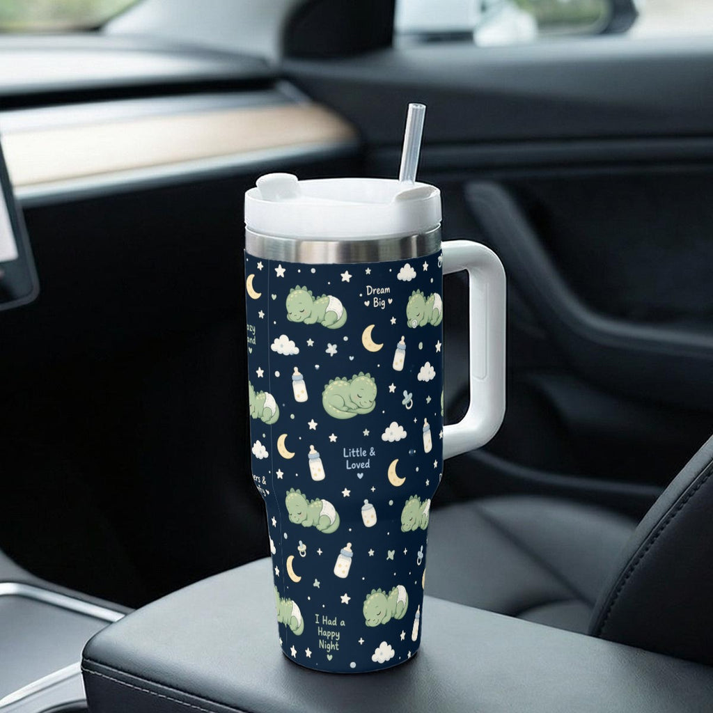 Sleepy Dino Tumbler — 40oz Insulated Cup with Handle