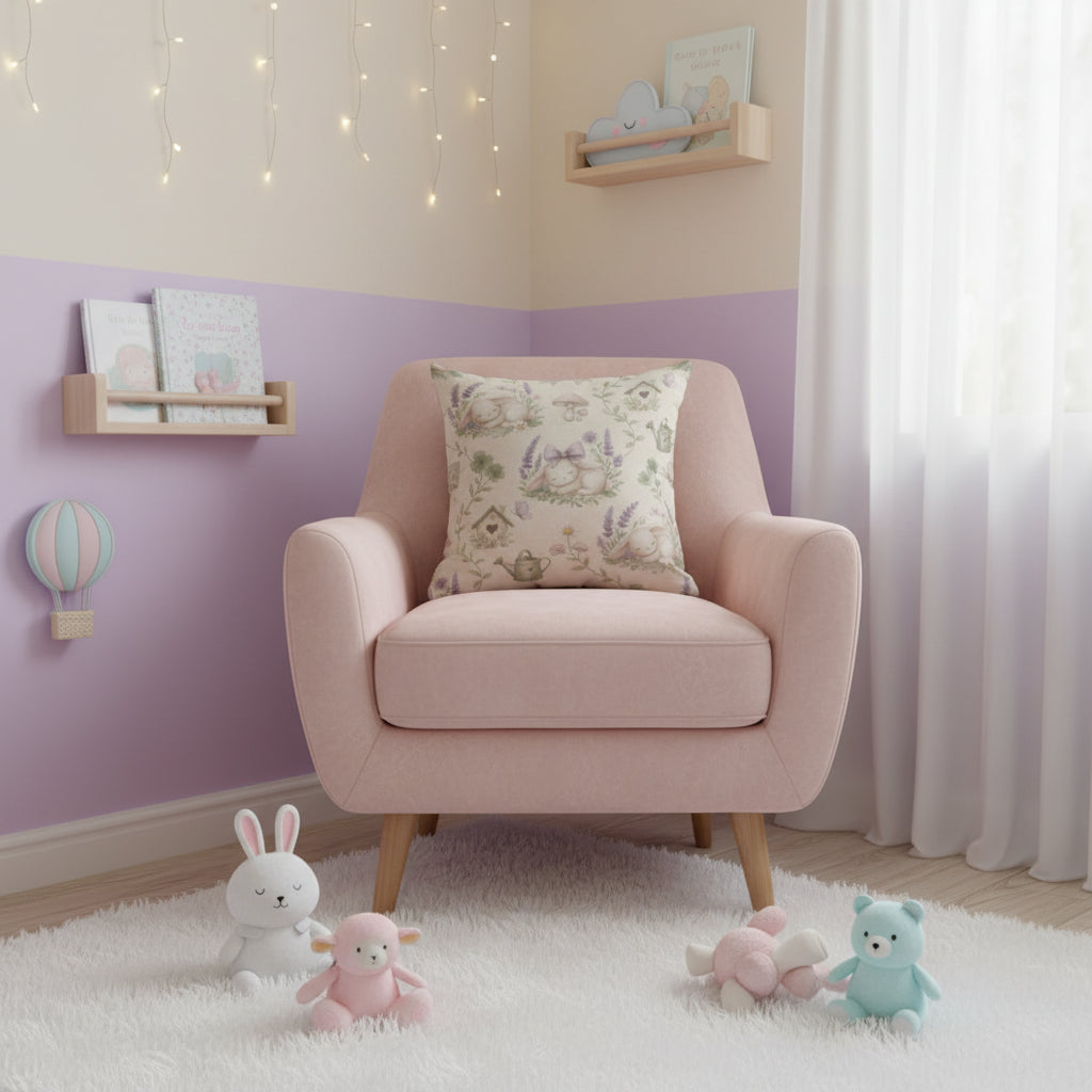 🐰 Bunny Garden Plush Throw Pillow with Insert — Kawaii Bunny Couch Pillow for Little Space