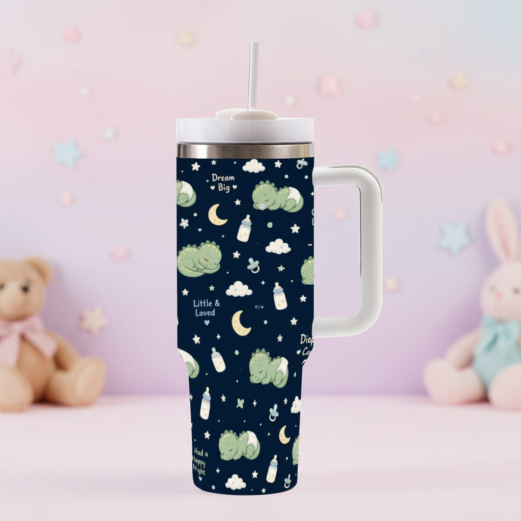 Sleepy Dino Tumbler — 40oz Insulated Cup with Handle