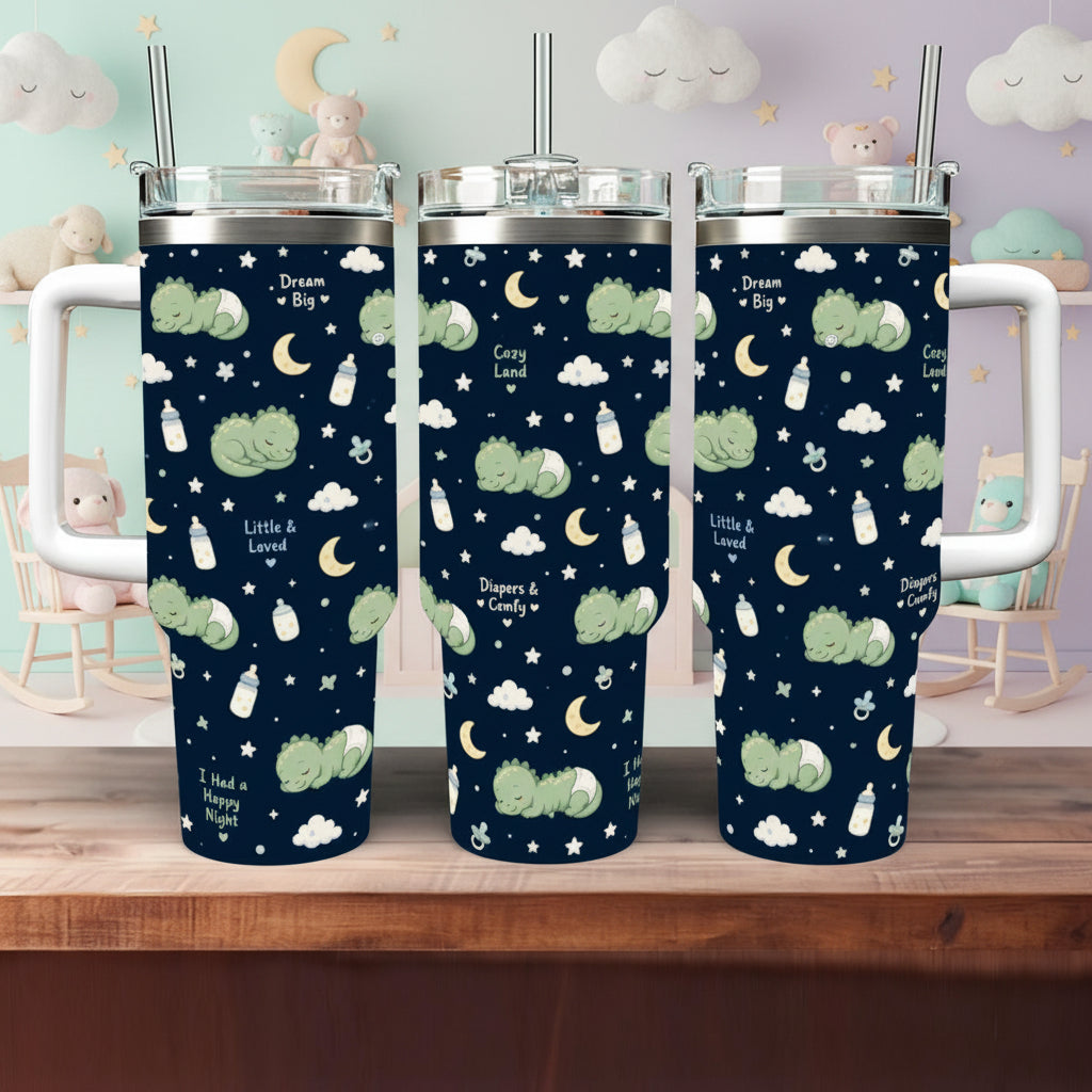 Sleepy Dino Tumbler — 40oz Insulated Cup with Handle
