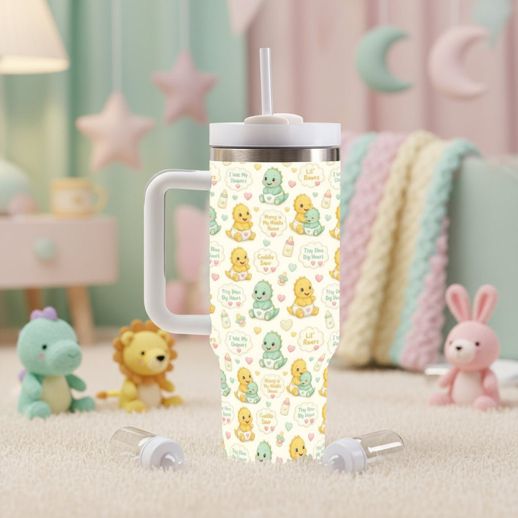 Tiny Dino Big Heart Tumbler — 40oz Insulated Cup with Handle