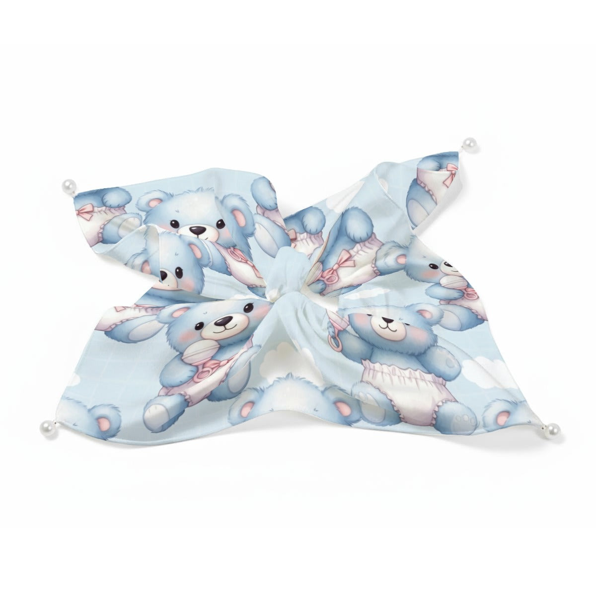 "Snuggly Snow Bears" Baby Blue Satin Pearl Hair Scarf
