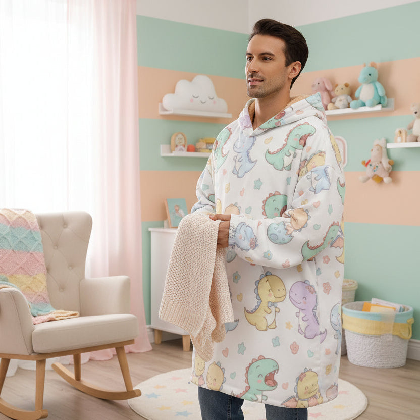 Dino Rawr Squad All-Over Print Sherpa Hoodie Blanket - ABDL Cozy Wrap