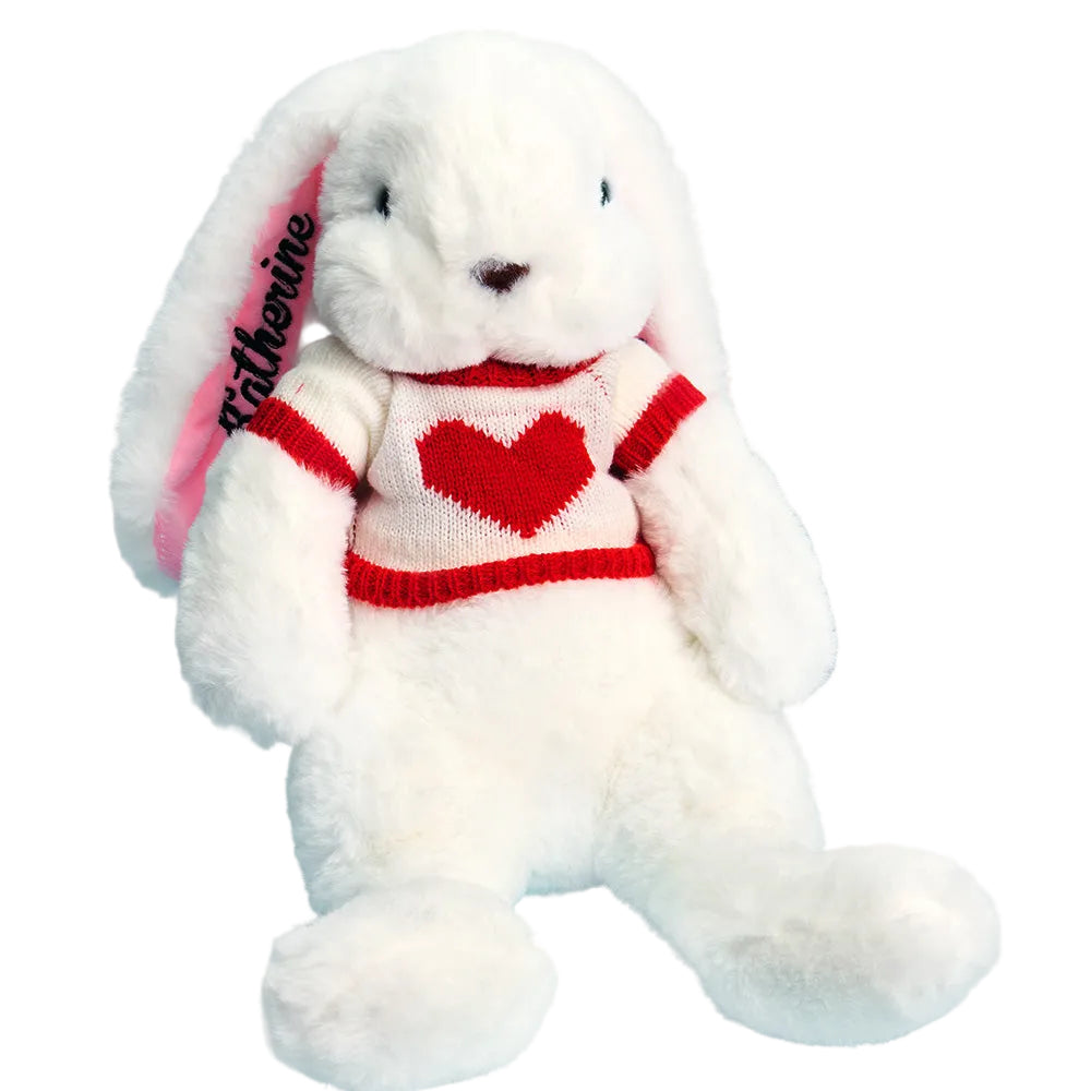 Personalized bunny plush toy with red heart sweater, a custom gift for children