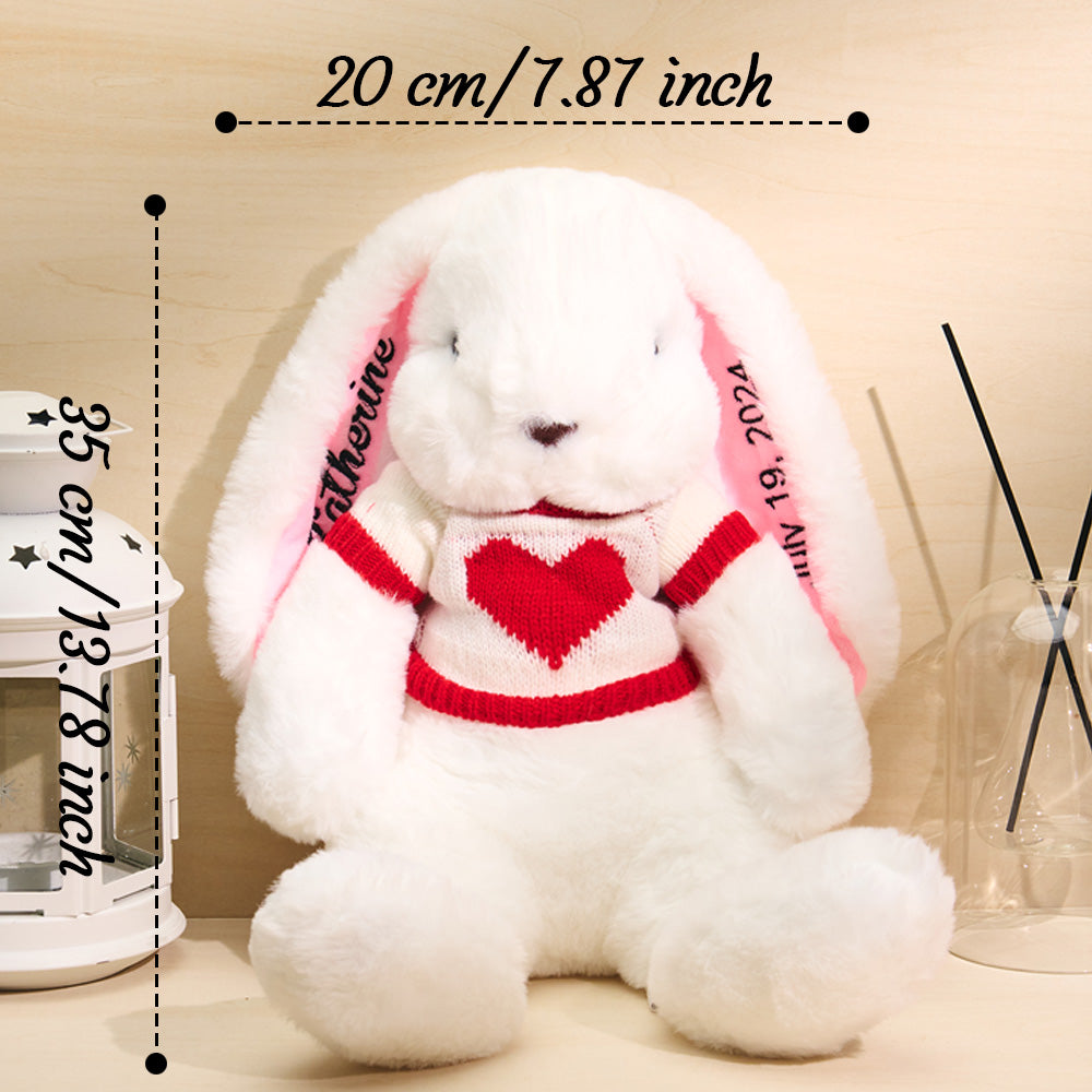 Personalized white bunny plush toy with red heart sweater, custom gift for children, 30cm width