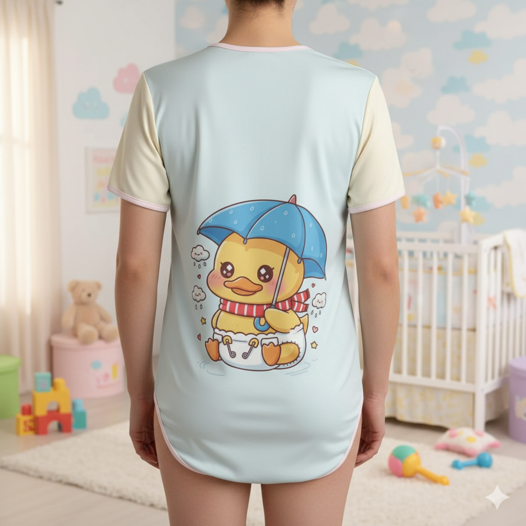 Rainy Day Duckling Adult Onesie – Pastel ABDL Snap-Crotch Cotton Onesie