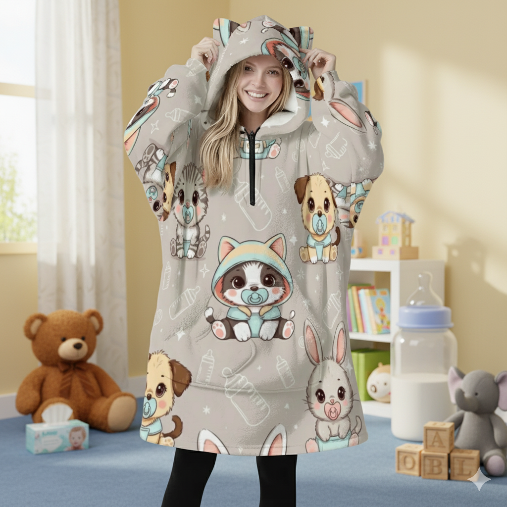 Adorable Babyfur Friends Oversized Hoodie Blanket – Perfect for Little Space Snuggles! 🍼🐶🐱🐰