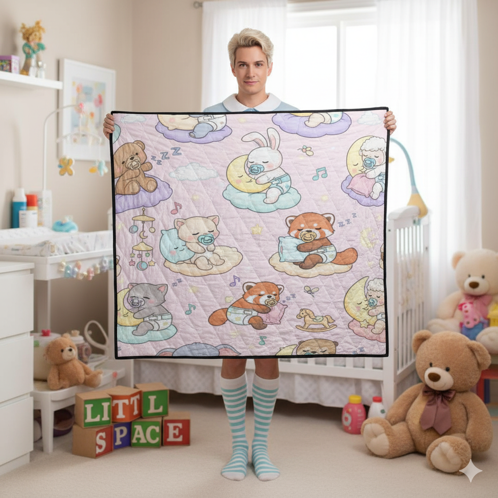 Cuddle Clouds Diapered Baby Animals ABDL Quilt – Pastel Little Space Blanket