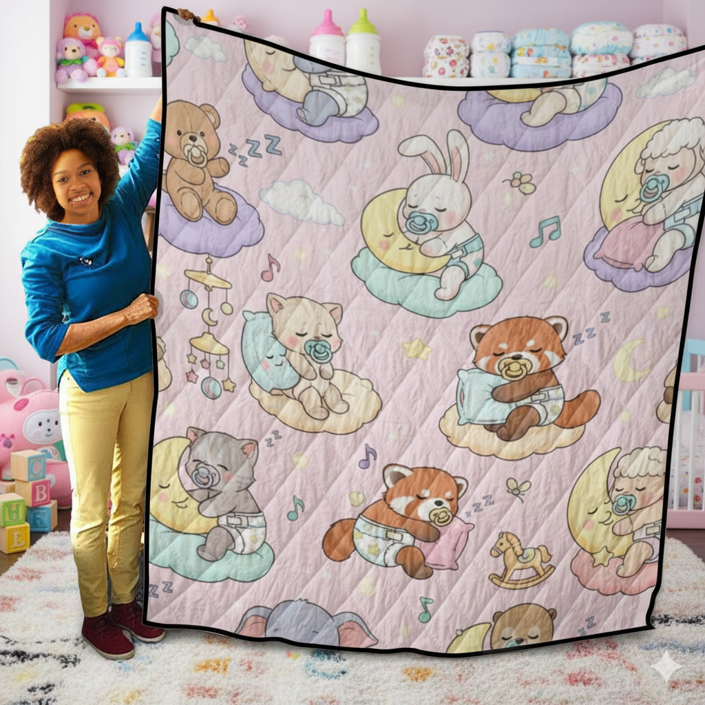 Cuddle Clouds Diapered Baby Animals ABDL Quilt – Pastel Little Space Blanket