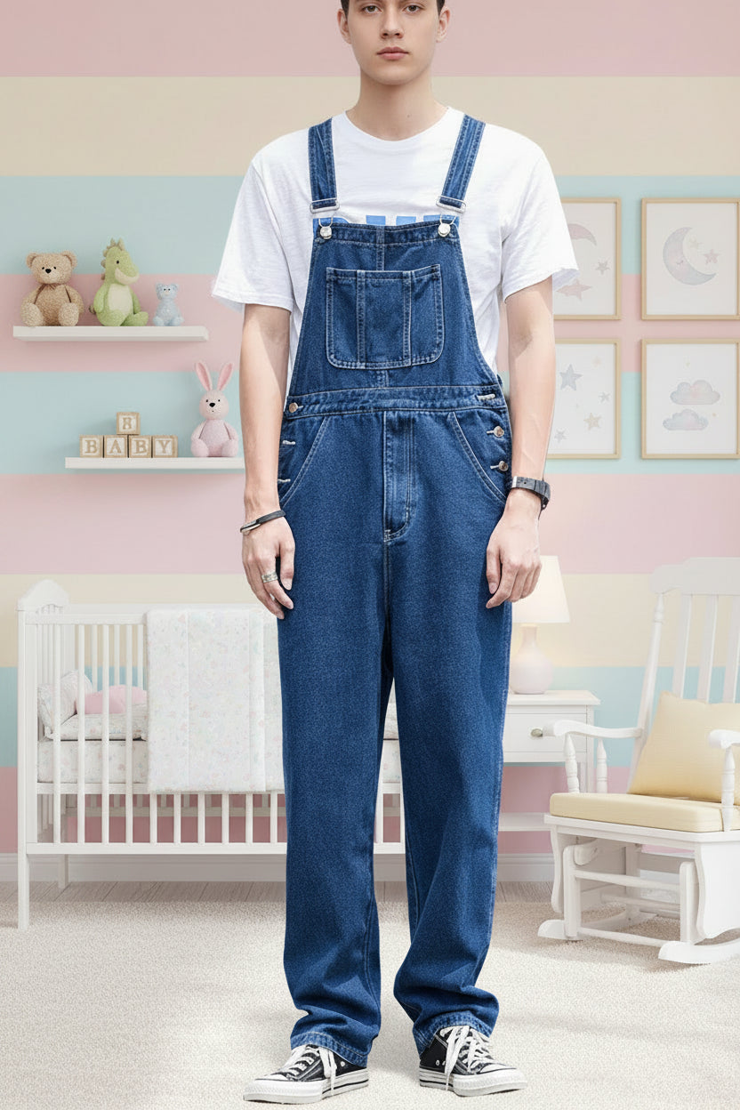 ABDL Denim Bib Overalls – Big Little Cargo Jumpsuits | Dark & Light Blue