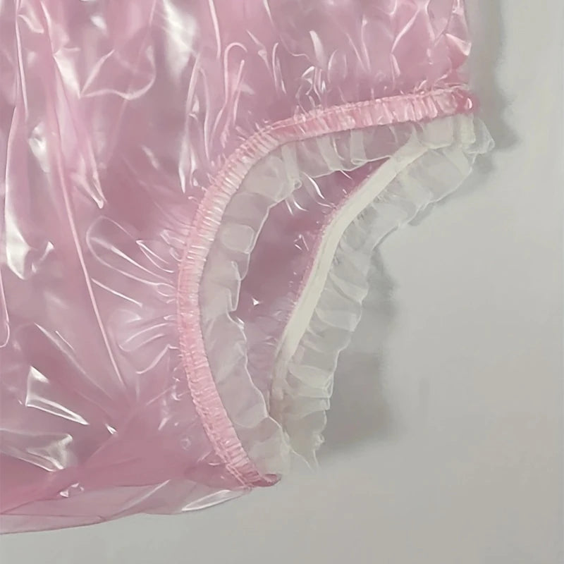 Transparent PVC Lace Adult Plastic Pants – Reusable Waterproof Diaper Cover | Clear Lace Incontinence Pull-On Panties