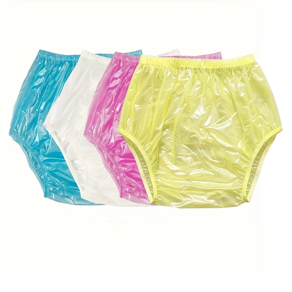 ABDL Plastic Pants 4-Pack – High Waist PVC Diaper Cover Bundle | Yellow, Blue, White & Pink | Sizes M–XXXL