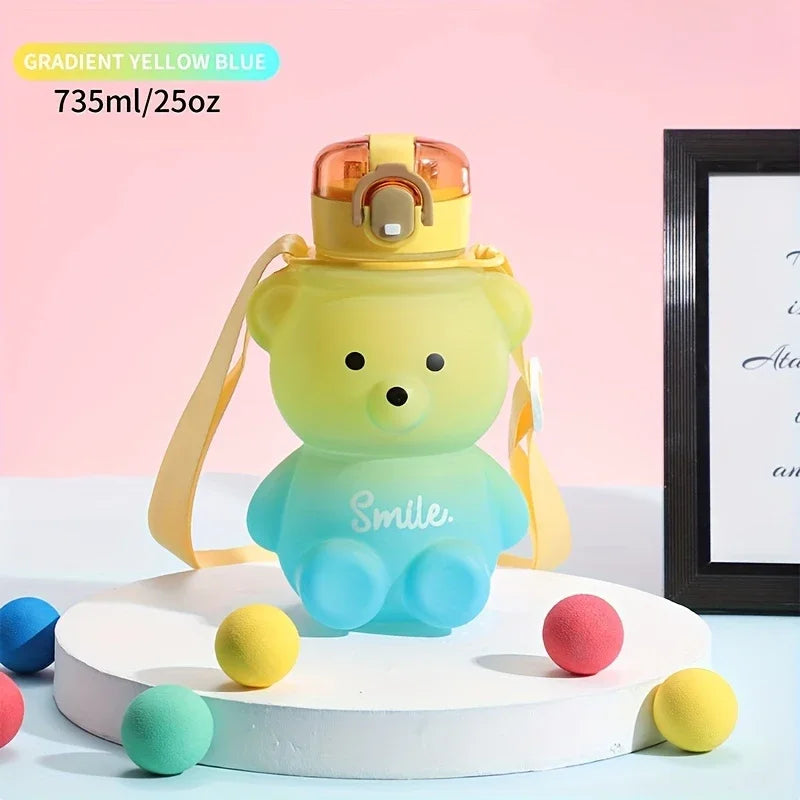 Little Space Cute Bear Water Bottle – 735ml BPA-Free Straw Bottle with Shoulder Strap | 4 Colors