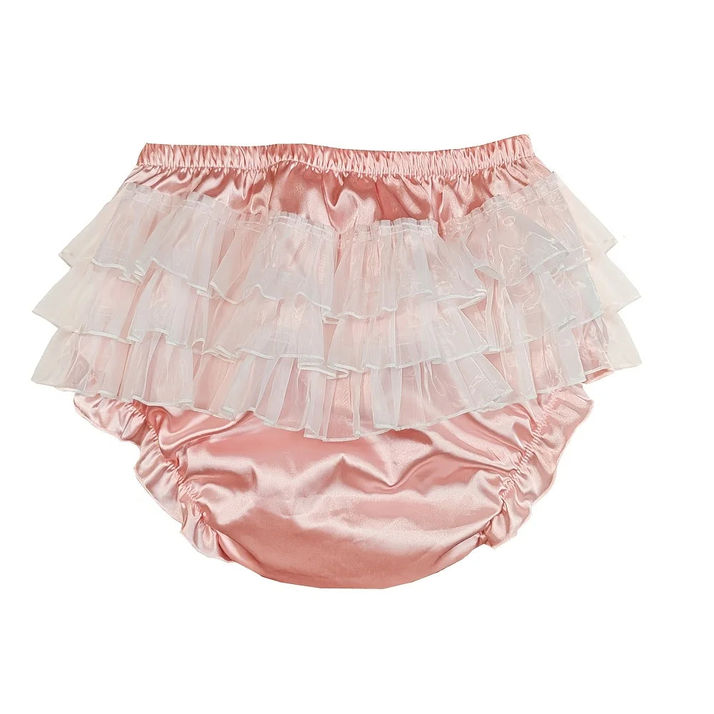 ABDL Satin Ruffle Diaper Cover – Lace & Ruffle Little Space Pants | Pink | Sizes S–XXXL