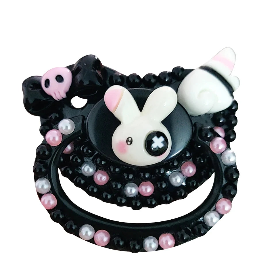Goth Bunny Silicone Pacifier: Handmade ABDL Binky with Punk Skull & Pirate Vibes – Edgy Cute for Little Rebels!