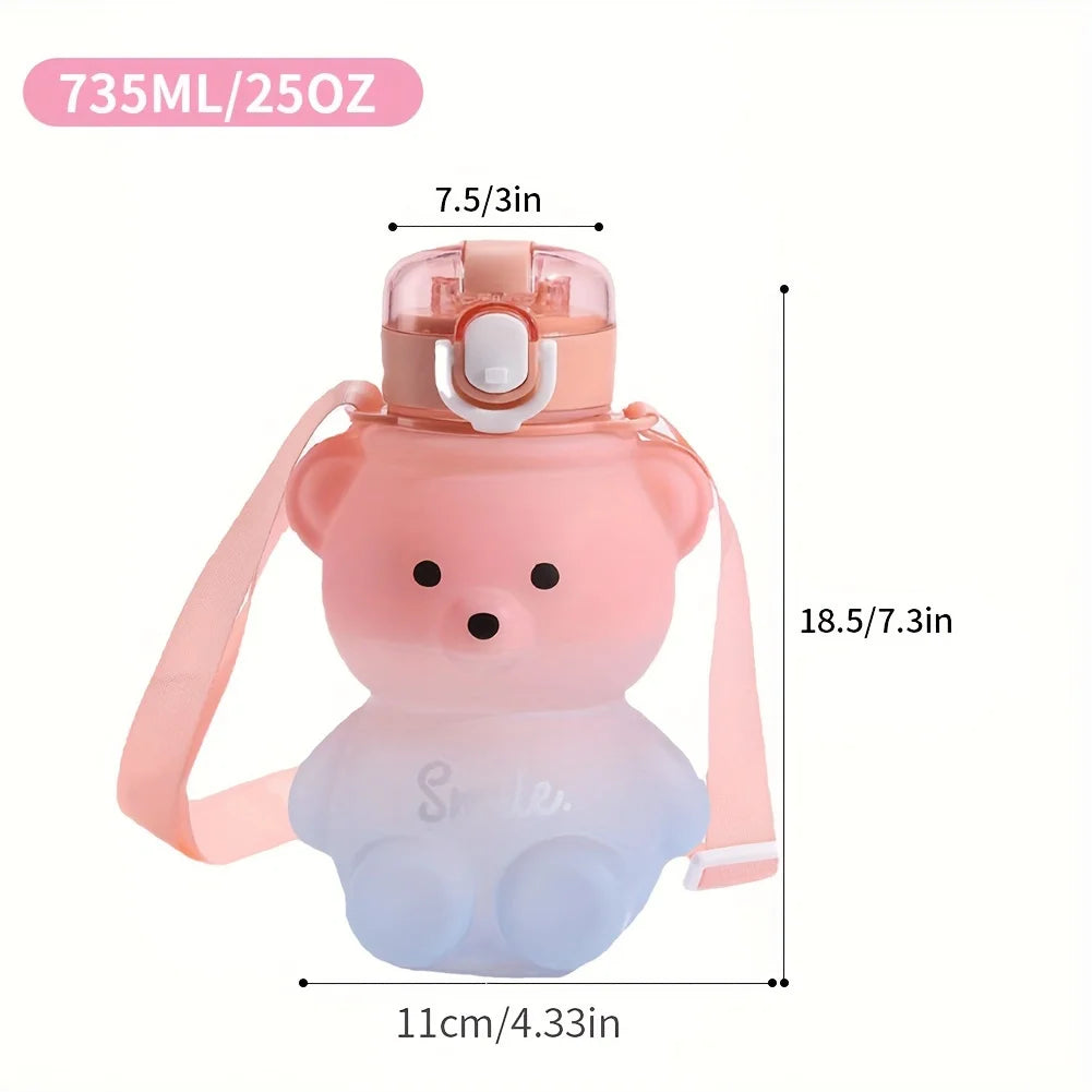 Little Space Cute Bear Water Bottle – 735ml BPA-Free Straw Bottle with Shoulder Strap | 4 Colors