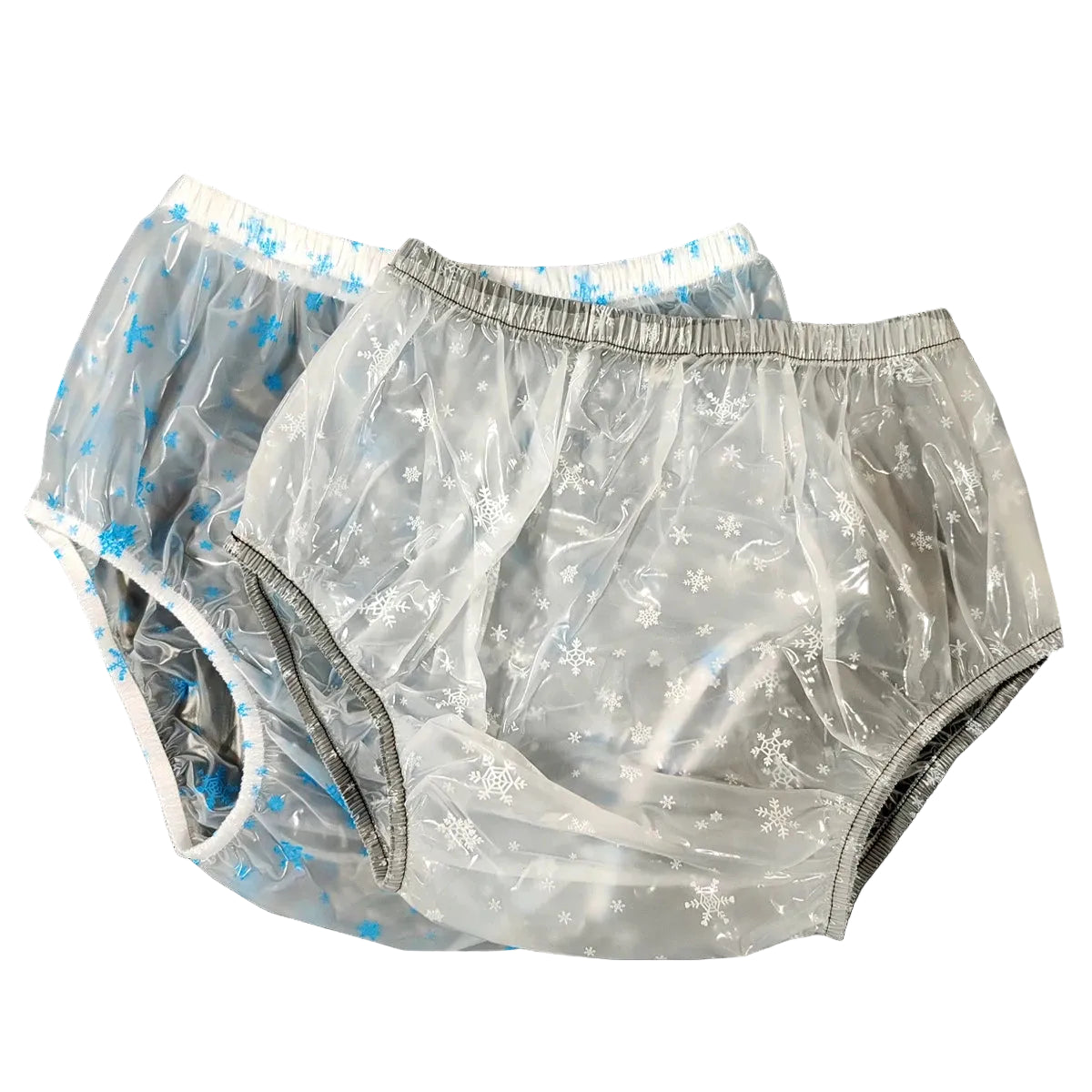 2pcs Snowflake Transparent PVC Adult Diaper Covers – Blue Snowflake Print Leakproof Plastic Pants | ABDL Waterproof Pull-On Nappies