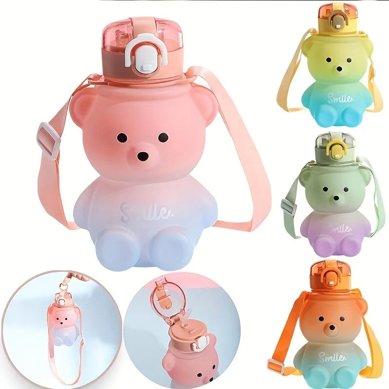 Little Space Cute Bear Water Bottle – 735ml BPA-Free Straw Bottle with Shoulder Strap | 4 Colors