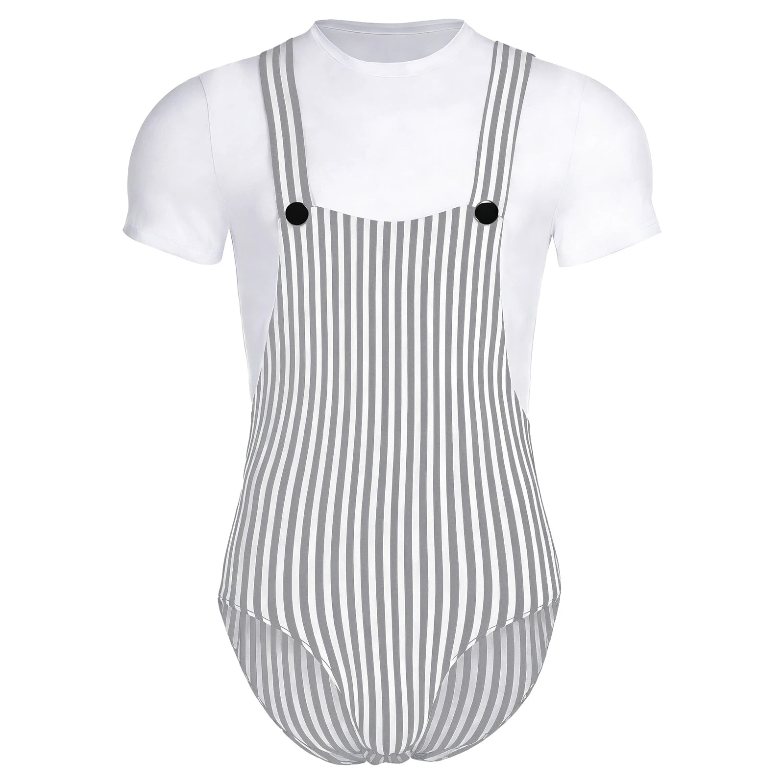 Striped Overalls ABDL Onesie Bodysuit — Button Snap Crotch Little Space Pajamas (M–3XL)