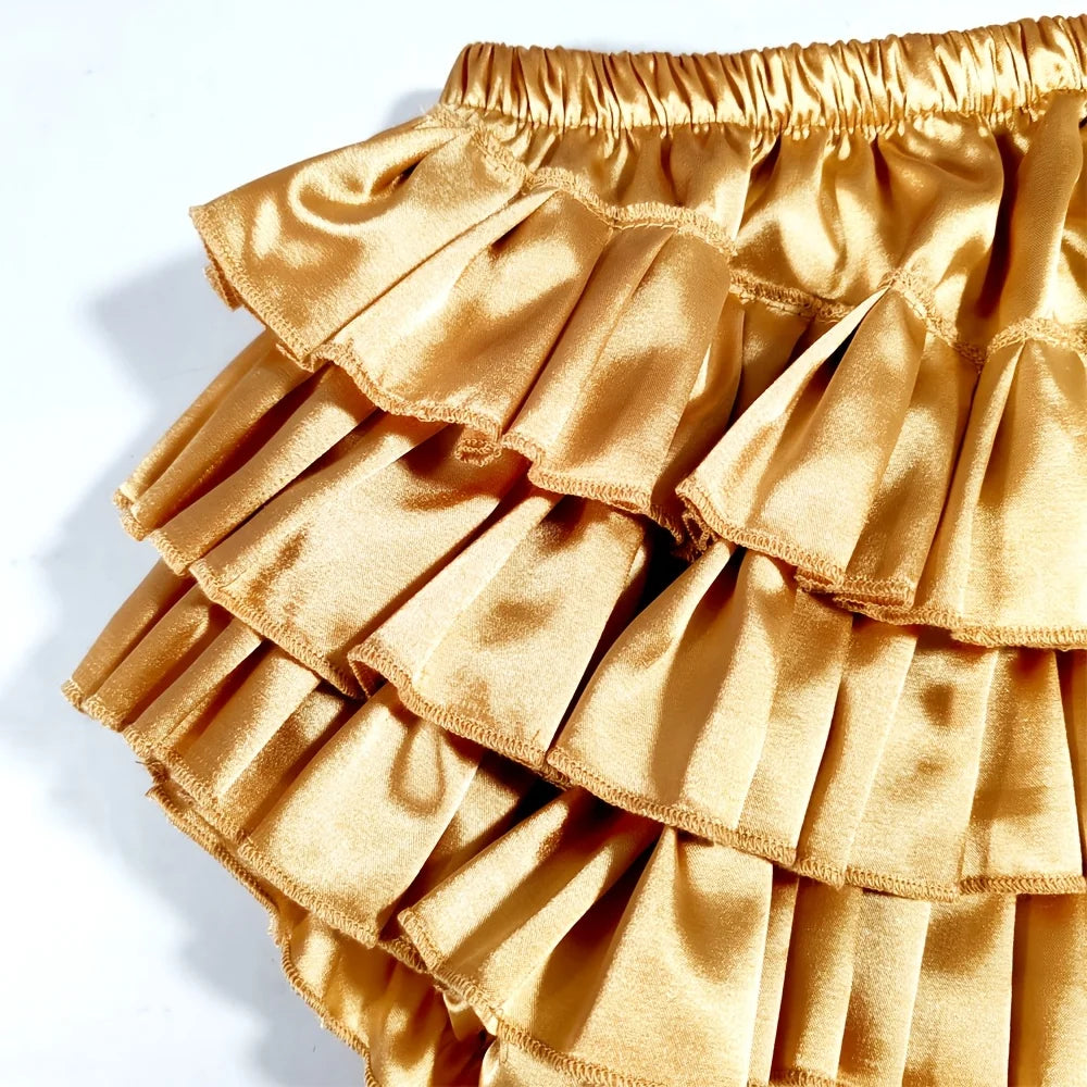 Reusable Ruffle Adult Diaper Cover – Waterproof Leakproof Incontinence Underpants | Gold Satin Frilly ABDL Panties