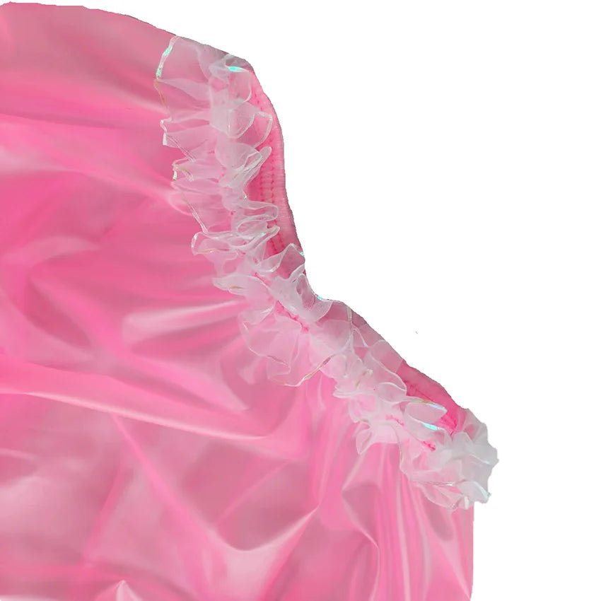 Pink PVC Adult Baby Lace Plastic Pants – Soft Vinyl Pull-On Diaper Cover with White Lace Trim | Waterproof Reusable Incontinence Panties