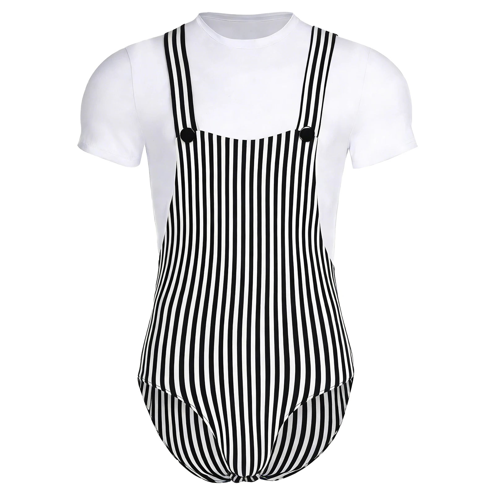 Striped Overalls ABDL Onesie Bodysuit — Button Snap Crotch Little Space Pajamas (M–3XL)