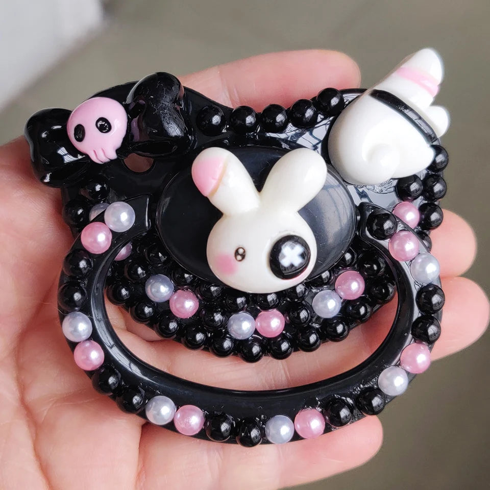 Goth Bunny Silicone Pacifier: Handmade ABDL Binky with Punk Skull & Pirate Vibes – Edgy Cute for Little Rebels!