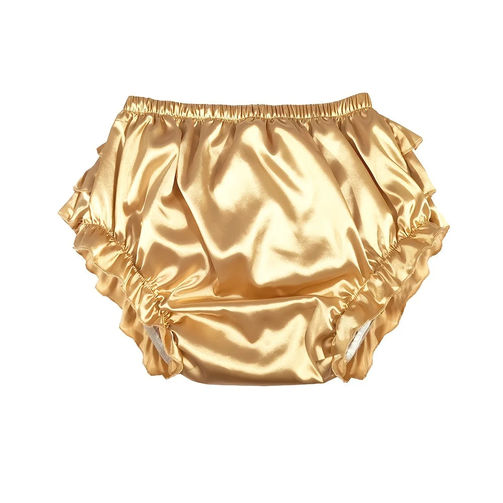 Reusable Ruffle Adult Diaper Cover – Waterproof Leakproof Incontinence Underpants | Gold Satin Frilly ABDL Panties