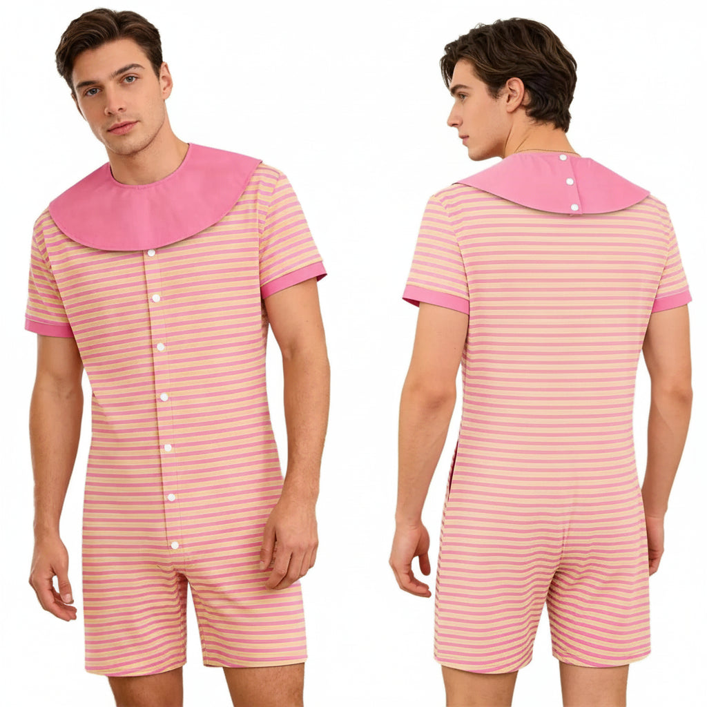 Striped ABDL Bib Bodysuit — Removable Bib, Button Snap Crotch Little Space Onesie (S–XXL)