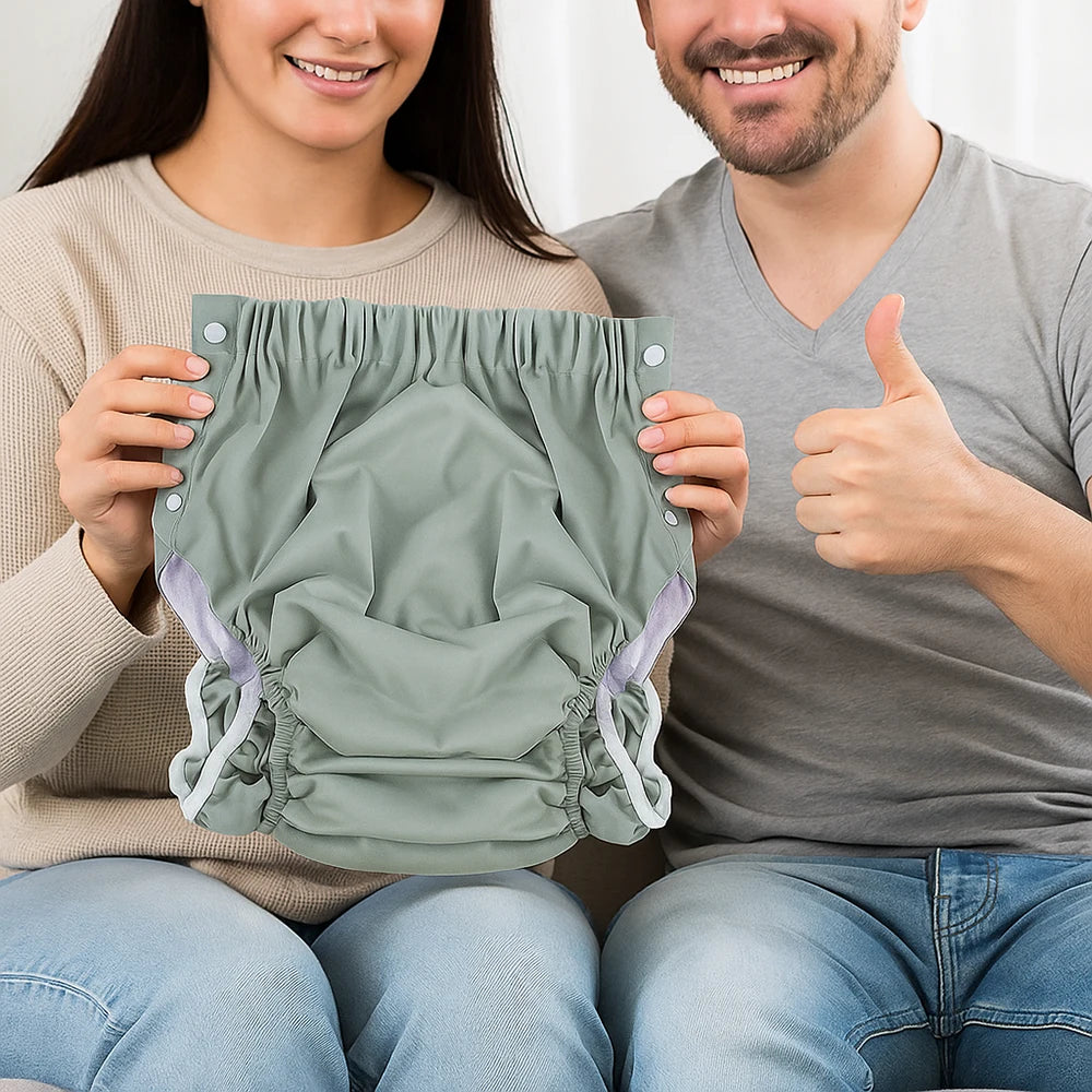 Adult ABDL Adjustable Diaper Cover with Wings & Snaps – Ice Silk Lining Summer Reusable Nappy Pants (Grey / Peach / Green)