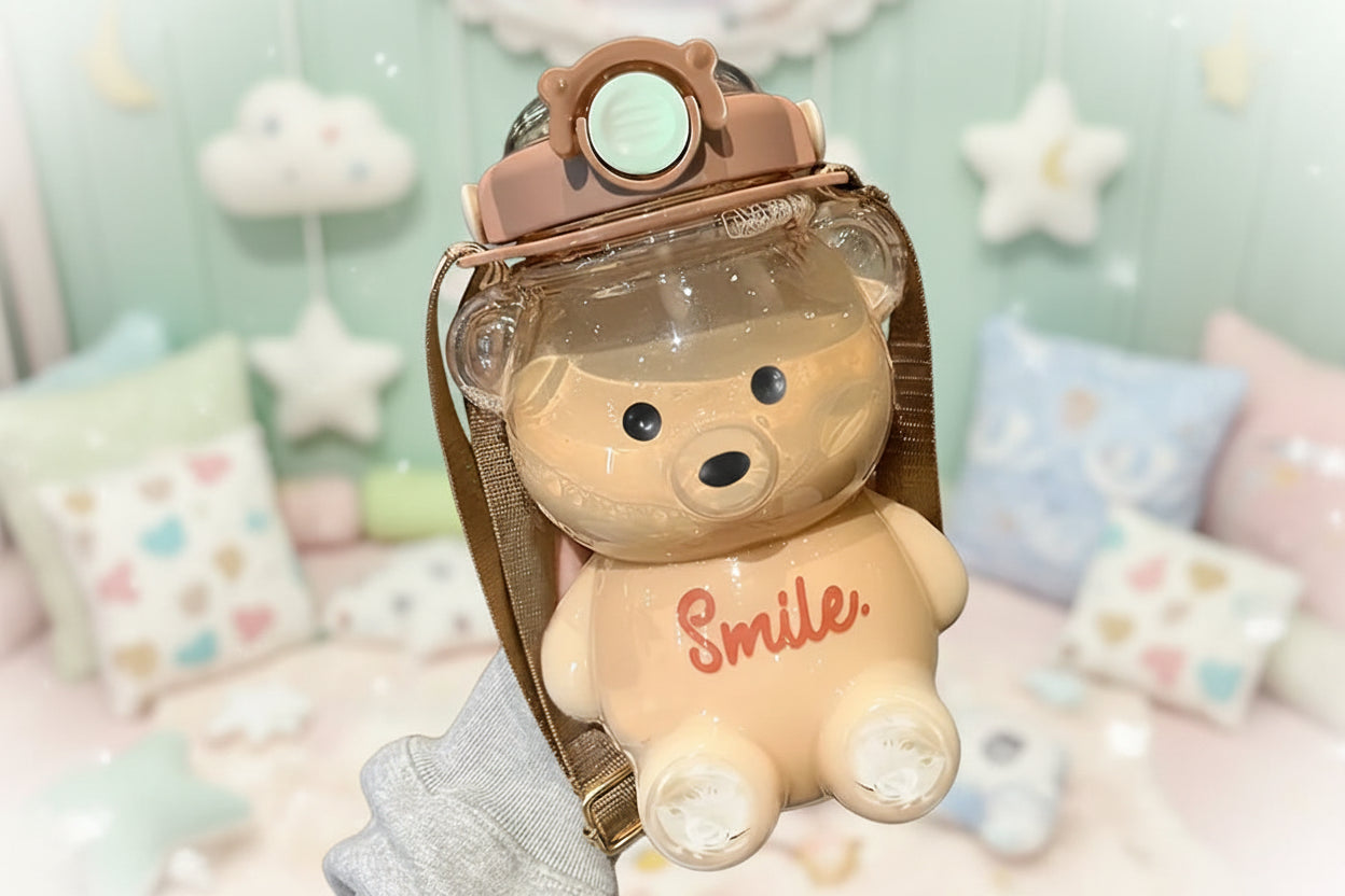 Little Space Cute Bear Water Bottle – 1000ml 2-in-1 Straw Bottle | BPA-Free | 3 Pastel Colors