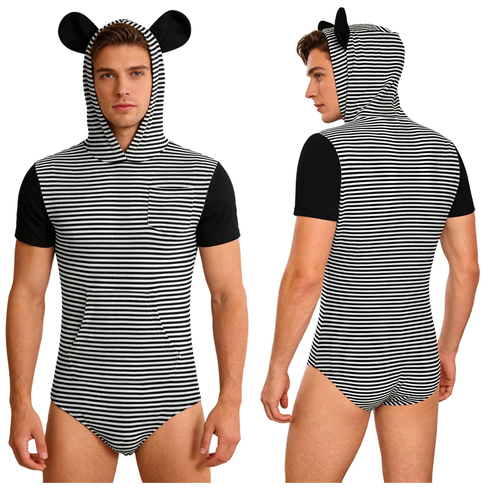 Bear Ears Hooded ABDL Onesie Bodysuit — Button Crotch Little Space Pajamas (S–XXL)