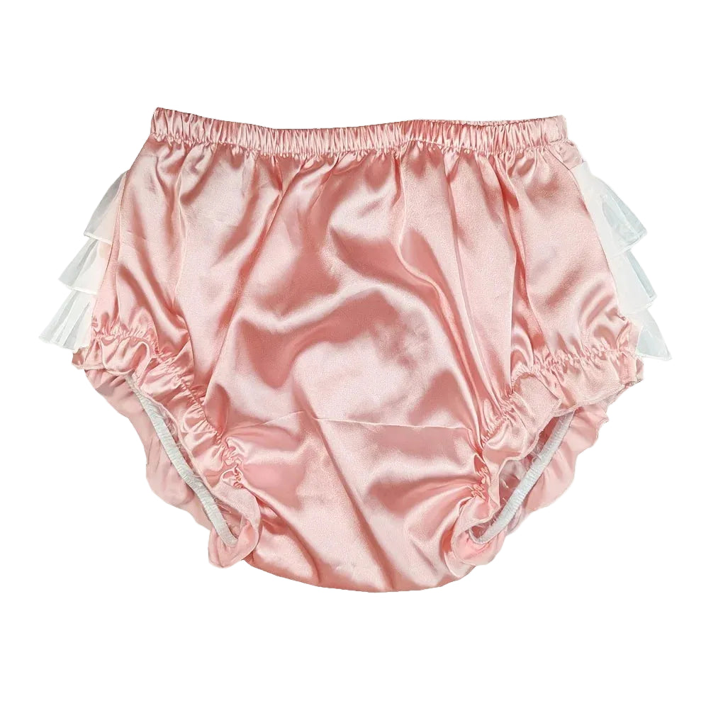 ABDL Satin Ruffle Diaper Cover – Lace & Ruffle Little Space Pants | Pink | Sizes S–XXXL