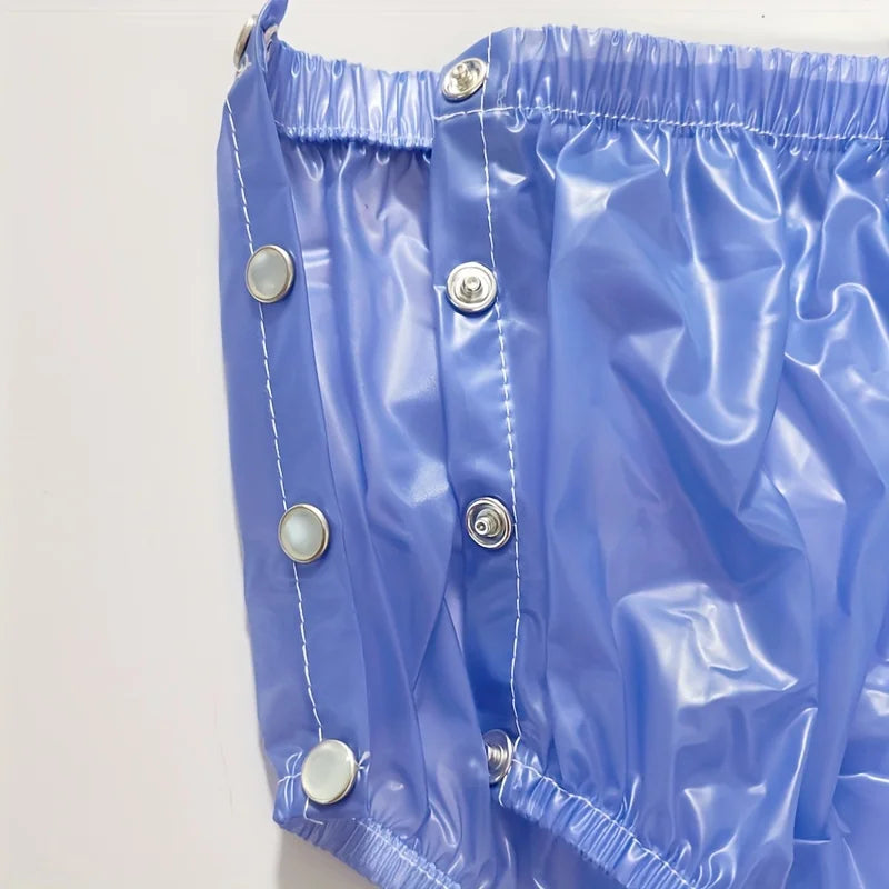 Blue Snap-On PVC Plastic Pants – Adorable High-Waist ABDL Diaper Cover with Side Snaps | Soft Waterproof Pull-On Nappies