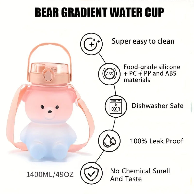 Little Space Cute Bear Water Bottle – 735ml BPA-Free Straw Bottle with Shoulder Strap | 4 Colors
