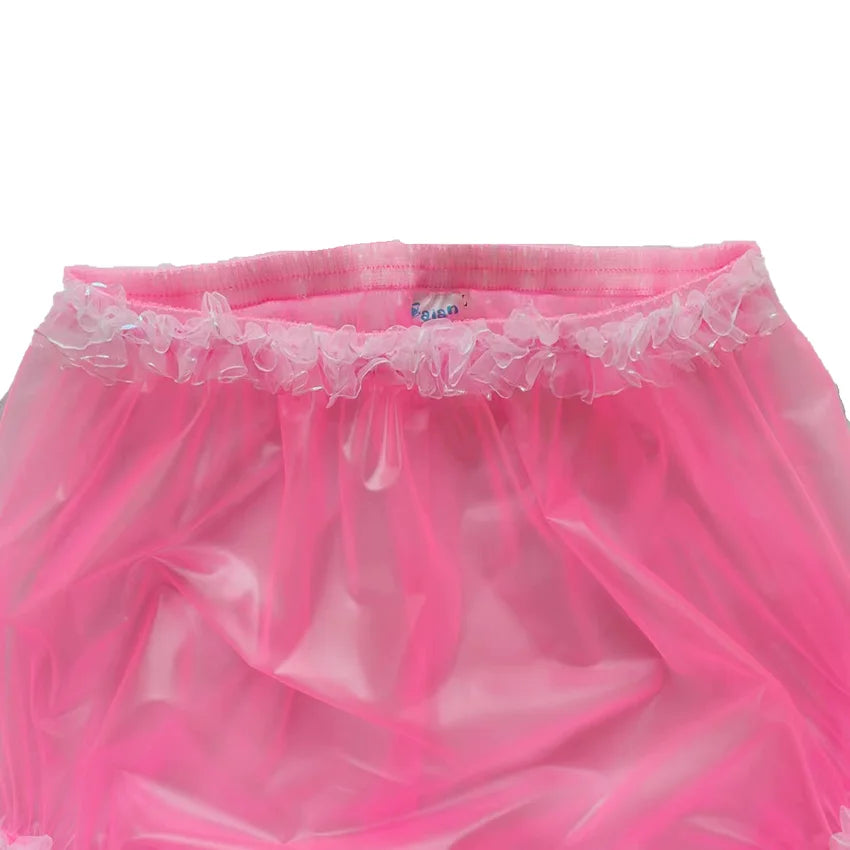 Pink PVC Adult Baby Lace Plastic Pants – Soft Vinyl Pull-On Diaper Cover with White Lace Trim | Waterproof Reusable Incontinence Panties