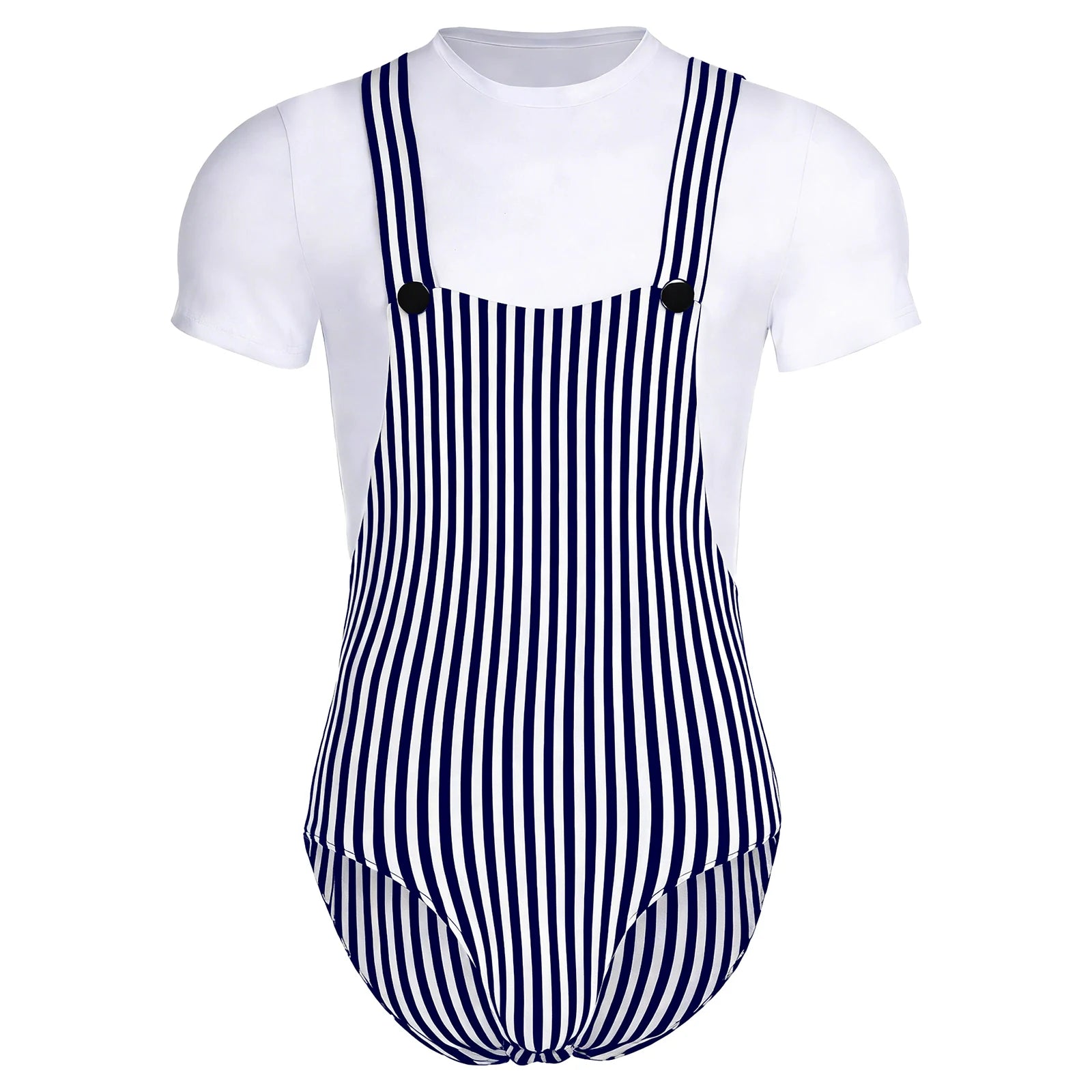 Striped Overalls ABDL Onesie Bodysuit — Button Snap Crotch Little Space Pajamas (M–3XL)