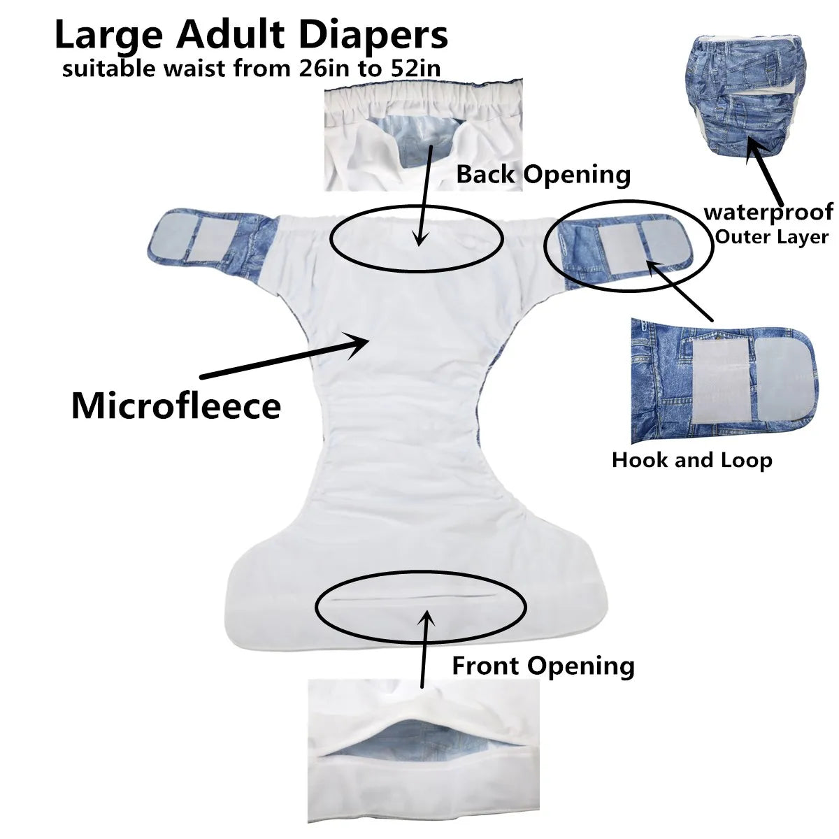 Reusable Adult Cloth Diaper – XL ABDL Pocket Diaper with Inserts (26.7"–50.4" Waist)