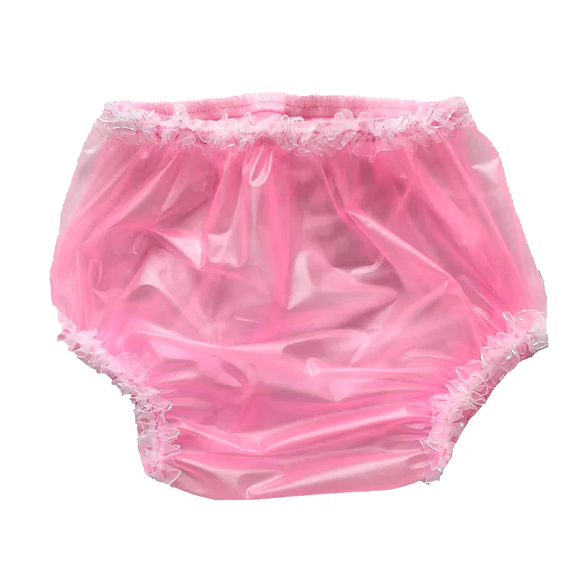 Pink PVC Adult Baby Lace Plastic Pants – Soft Vinyl Pull-On Diaper Cover with White Lace Trim | Waterproof Reusable Incontinence Panties