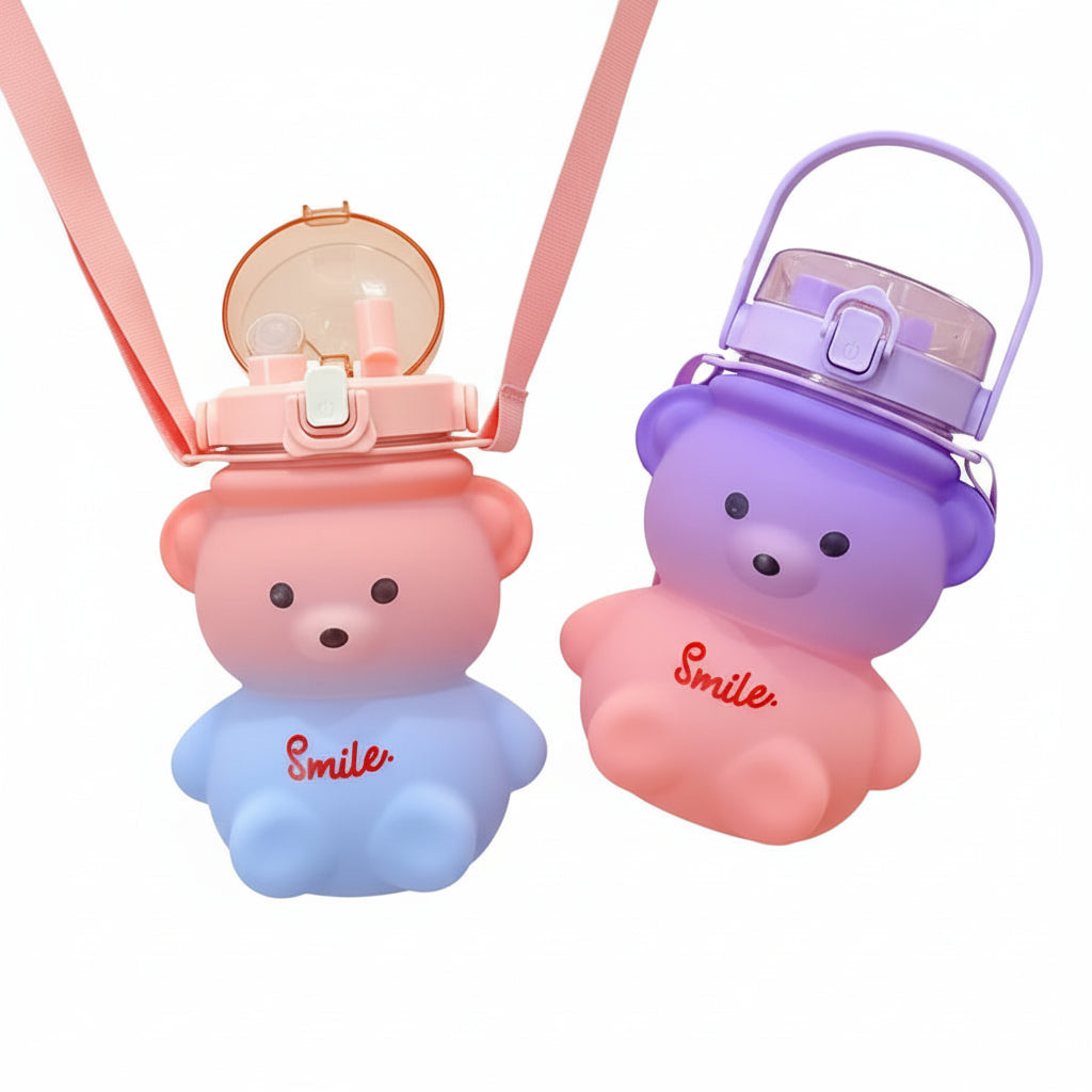 Little Space Cute Bear Water Bottle – 735ml BPA-Free Straw Bottle with Shoulder Strap | 4 Colors