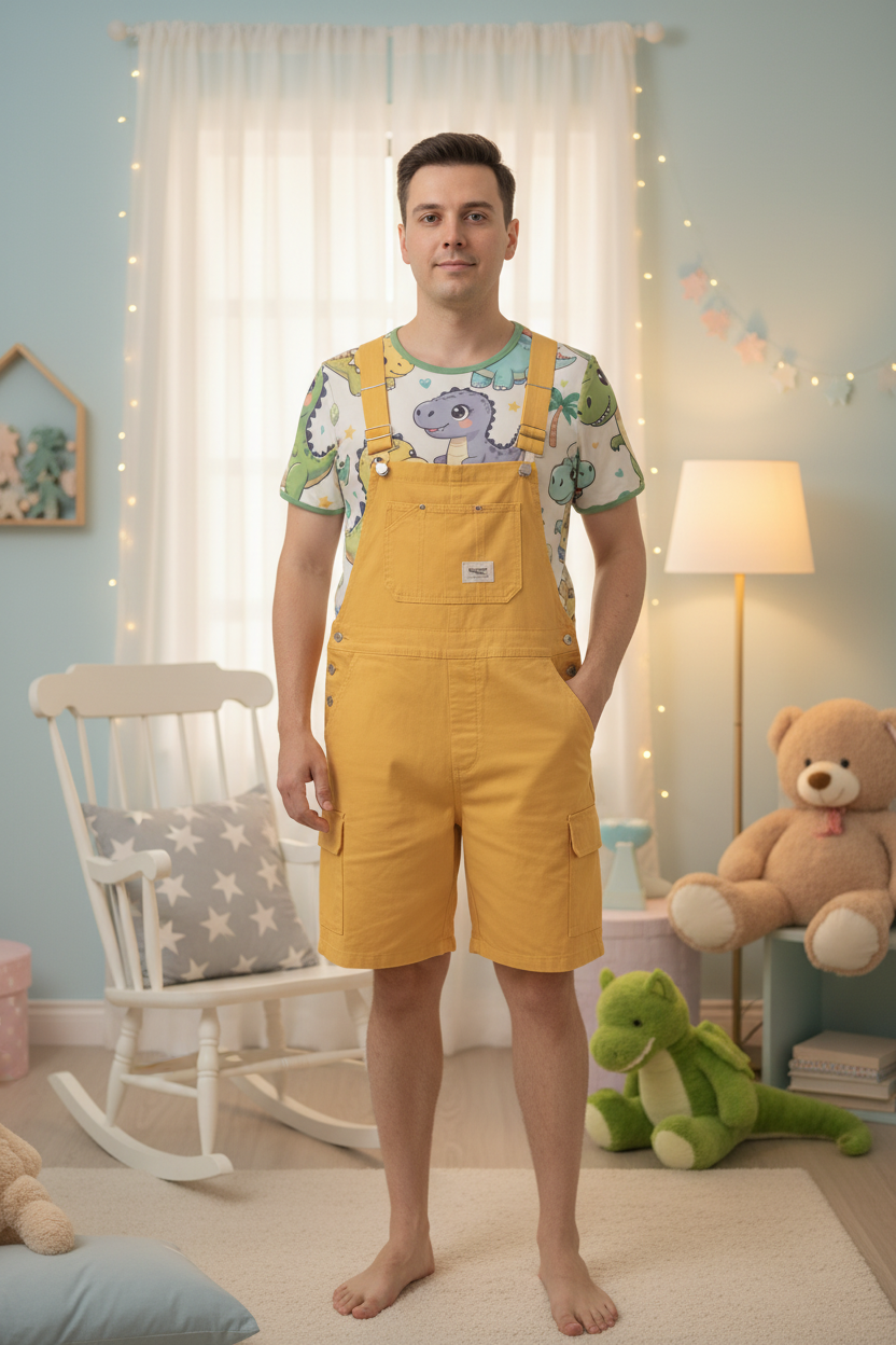 Dino Onesie & Yellow Overalls Nursery Lifestyle