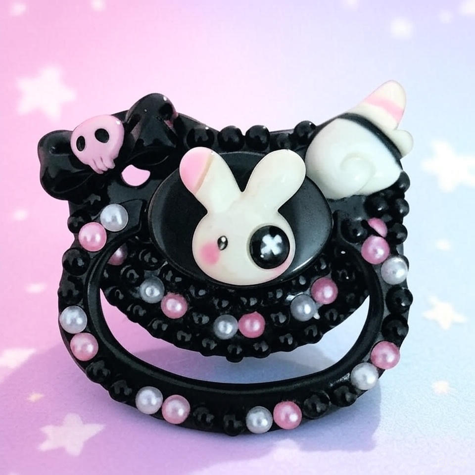 Goth Bunny Silicone Pacifier: Handmade ABDL Binky with Punk Skull & Pirate Vibes – Edgy Cute for Little Rebels!