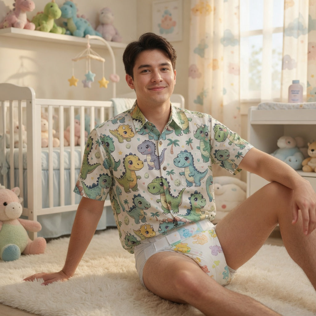 Dino Print ABDL Button-Up Shirt | Breathable Cotton Little Space Top